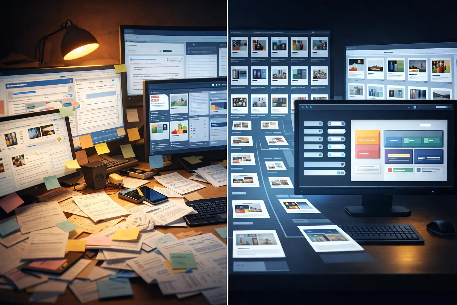 Comparison of a cluttered and organized workflow illustrating product page optimization process.