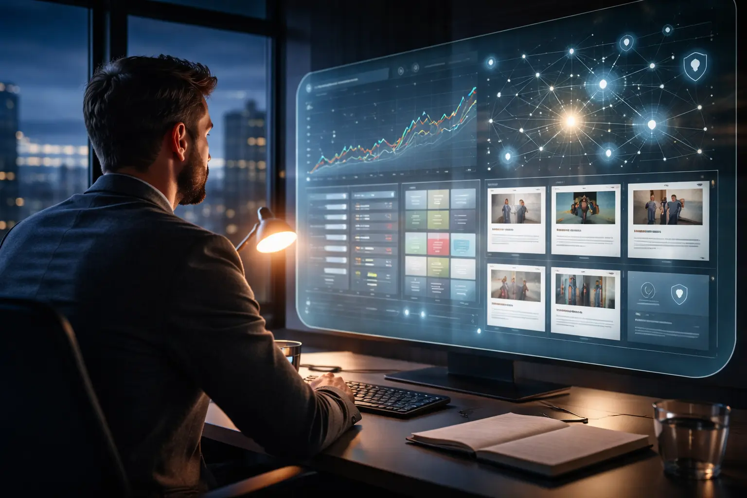 A professional reviewing AI-driven marketing analytics on a large screen.