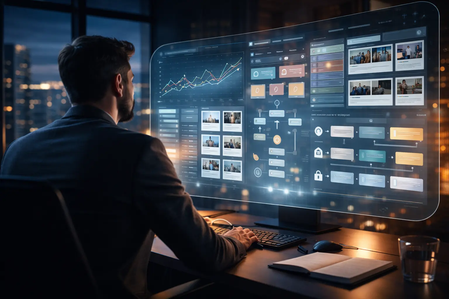 Professional analyzing data on a digital marketing AI dashboard at night.