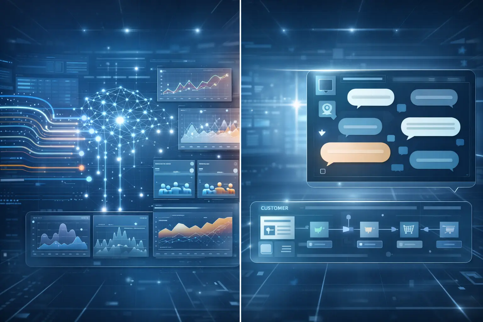 A digital dashboard displaying AI-driven data analysis and communication features in marketing.