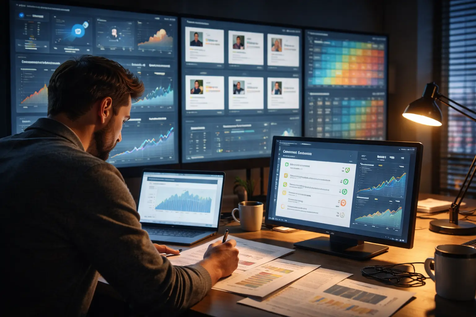Person analyzing digital marketing analytics on multiple screens using AI tools.