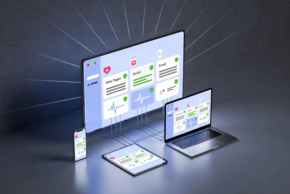 Digital devices displaying a healthcare marketing automation platform interface.