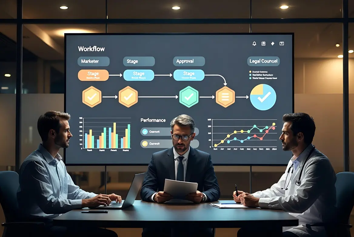 Healthcare professionals reviewing an AI-driven marketing automation platform workflow on a digital screen.