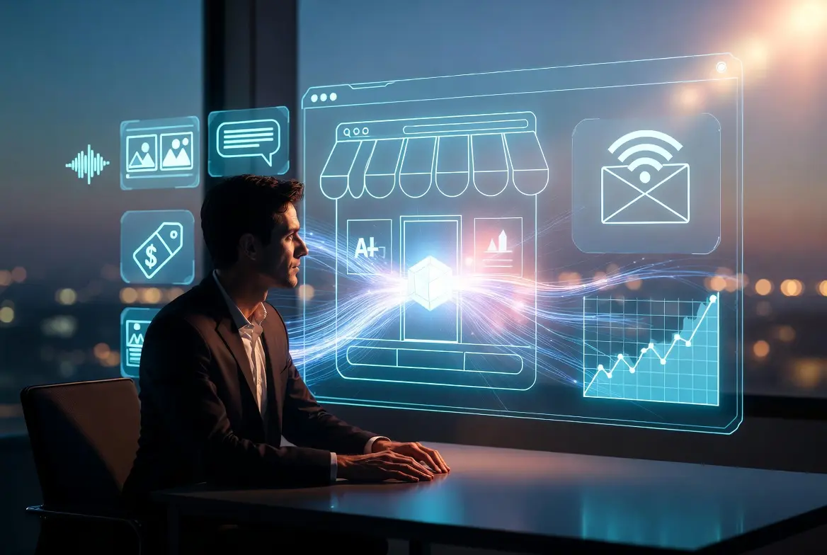 A professional observing digital elements symbolizing AI in eCommerce marketing.