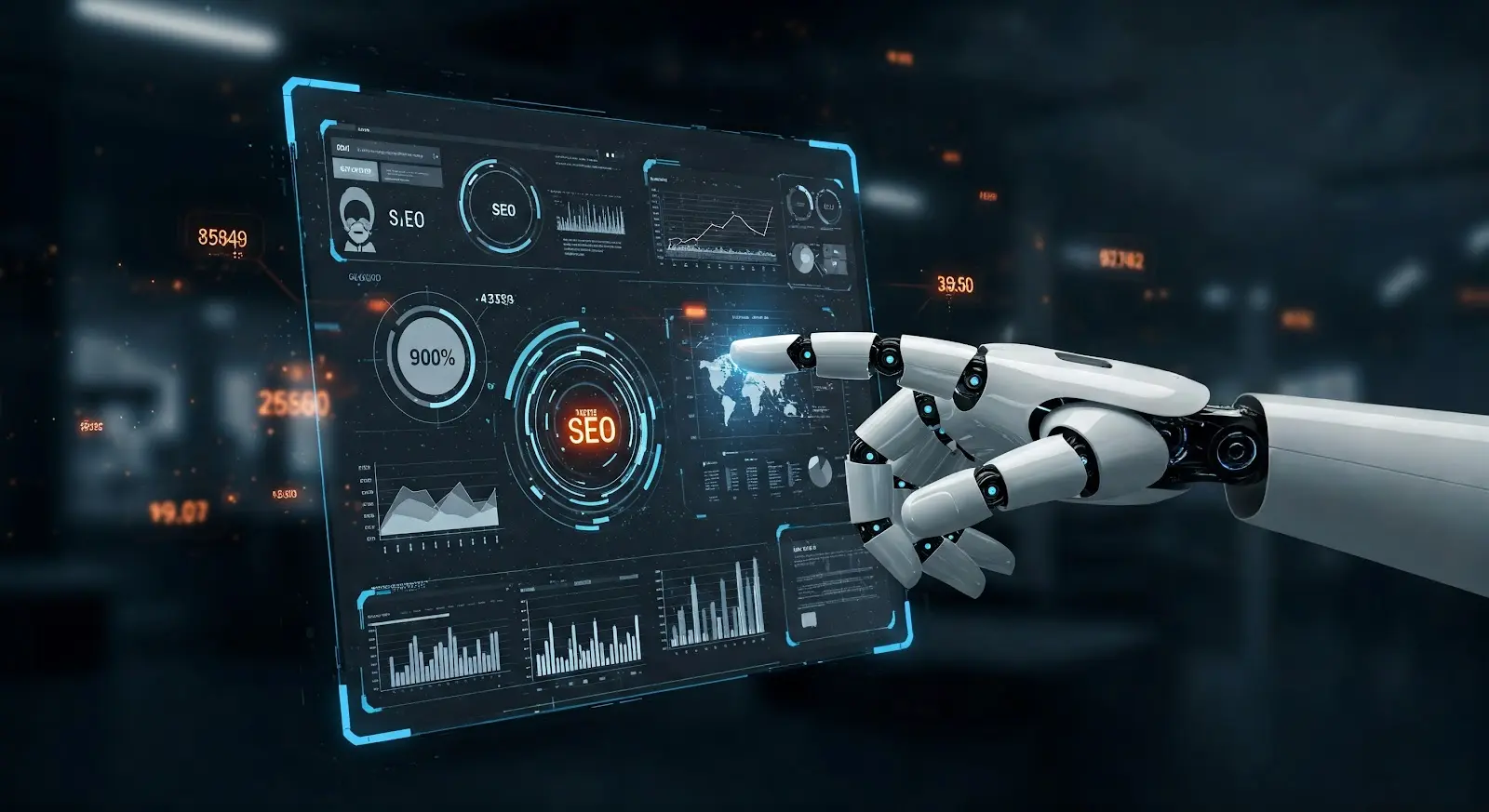 Robotic hand using an AI-driven SEO dashboard for ecommerce marketing optimization.