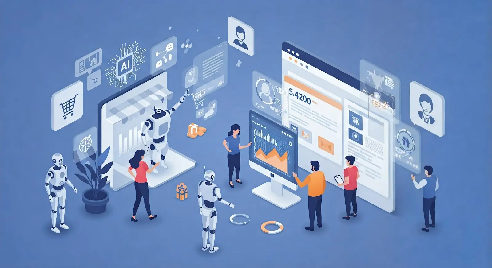 Illustration of AI robots assisting people with eCommerce marketing strategies.
