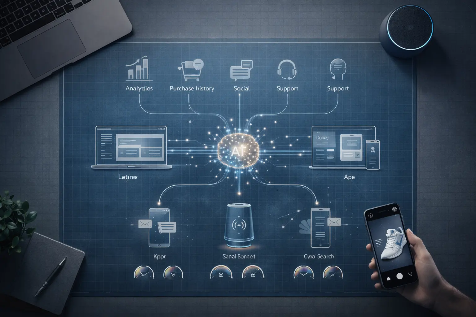 Diagram illustrating AI's role in eCommerce marketing with visual connections to data and devices.