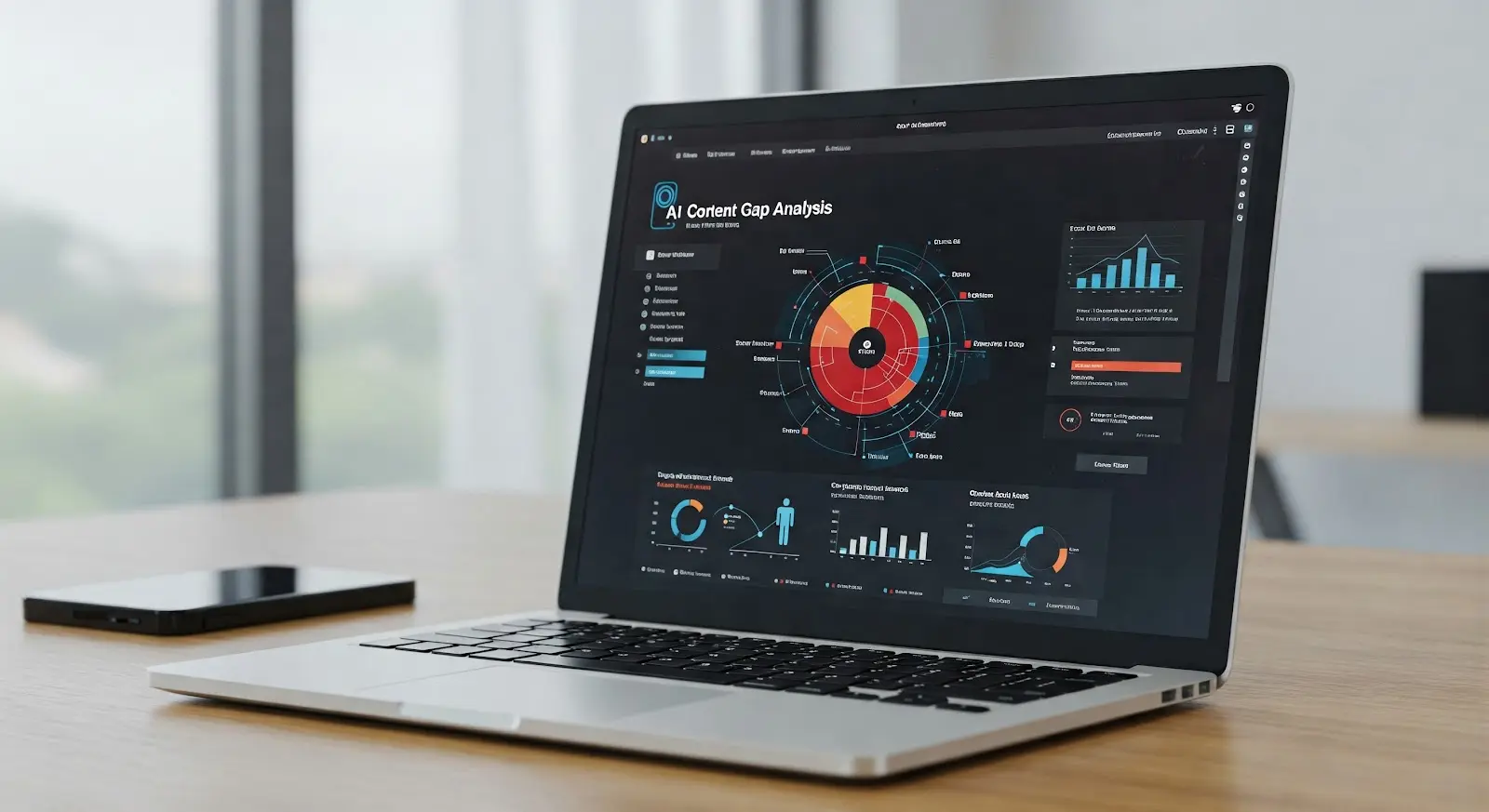 Laptop displaying AI content gap analysis dashboard for topical research