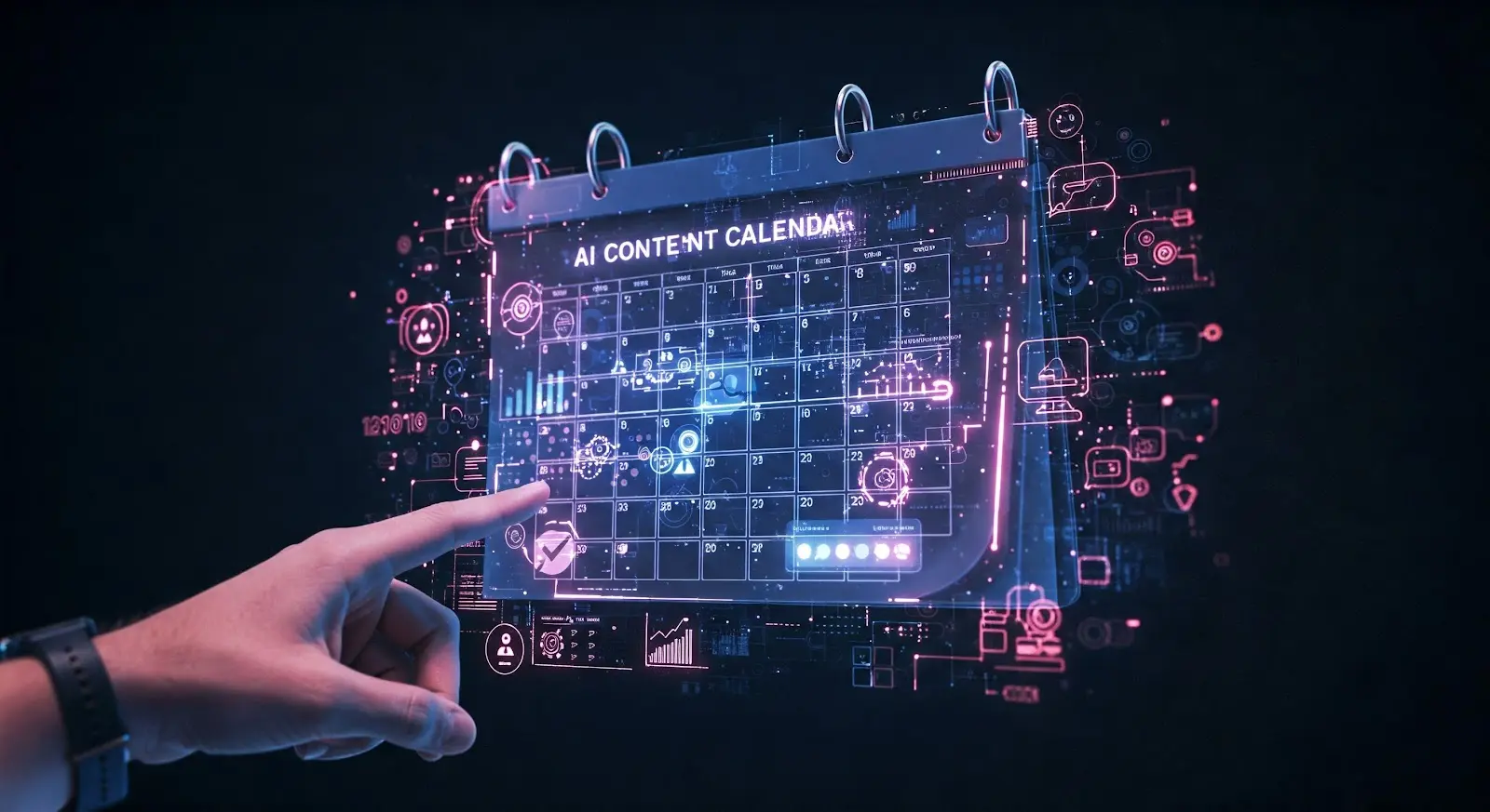 Digital representation of an AI-powered content calendar, highlighting scheduling and trend analysis.