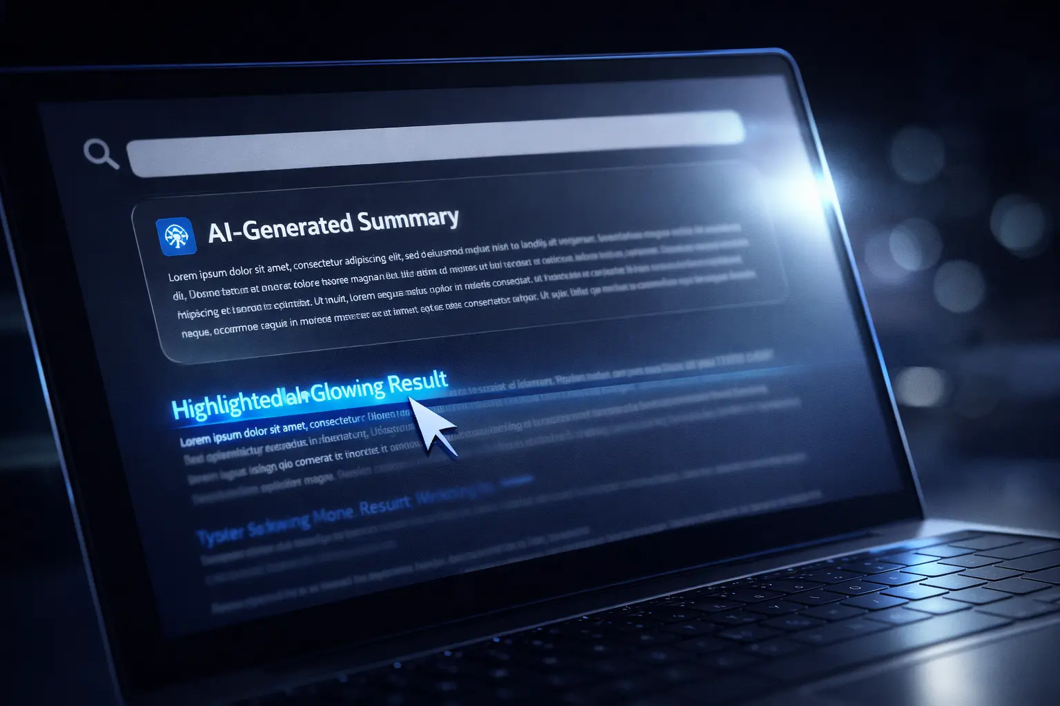 A laptop screen displaying AI-generated summary and highlighted result.