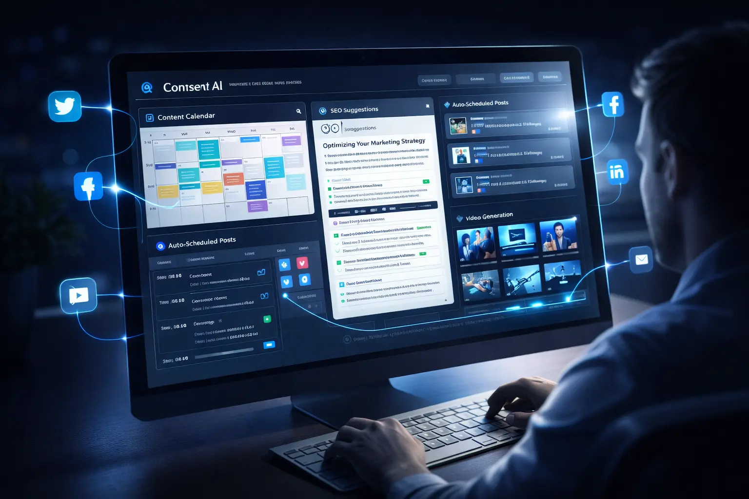 Person using AI tool dashboard for content scheduling and marketing optimization