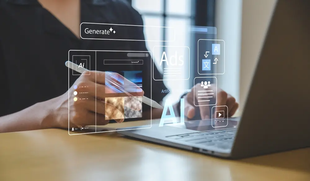 Person using a laptop with AI interface overlays, symbolizing AI tools for startups.