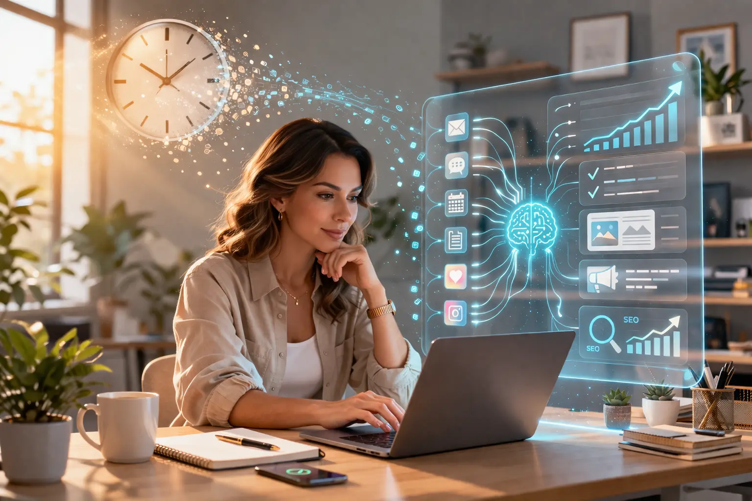 A small business owner using AI tools on a laptop for automation and efficiency