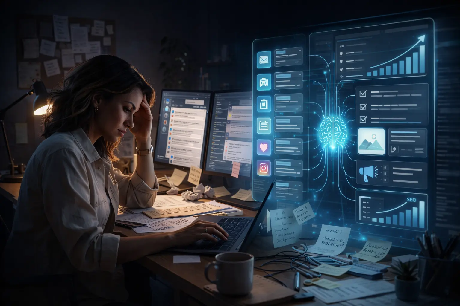 Businesswoman utilizing AI-powered tools for workflow automation at a desk with multiple screens.