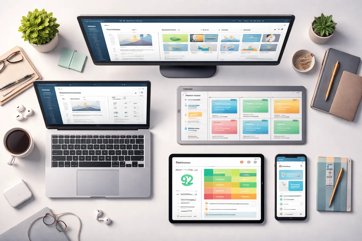 Multiple digital devices displaying AI-powered small business automation applications.