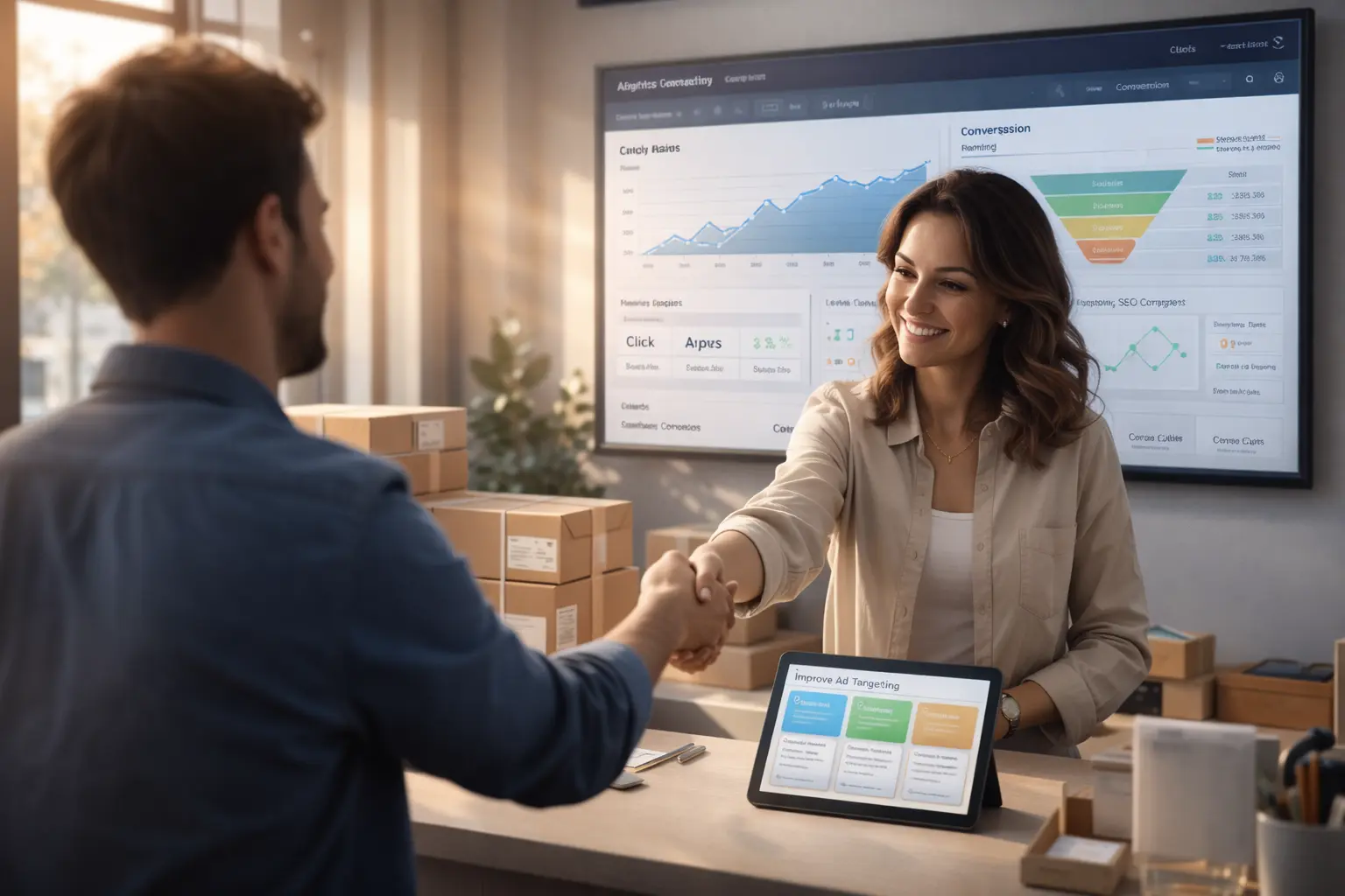 A small business meeting discussing AI automation tools with a digital tablet and charts on the screen