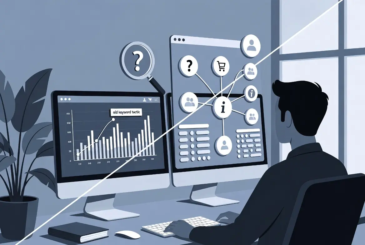 Person analyzing graphs and connections representing semantic keyword research