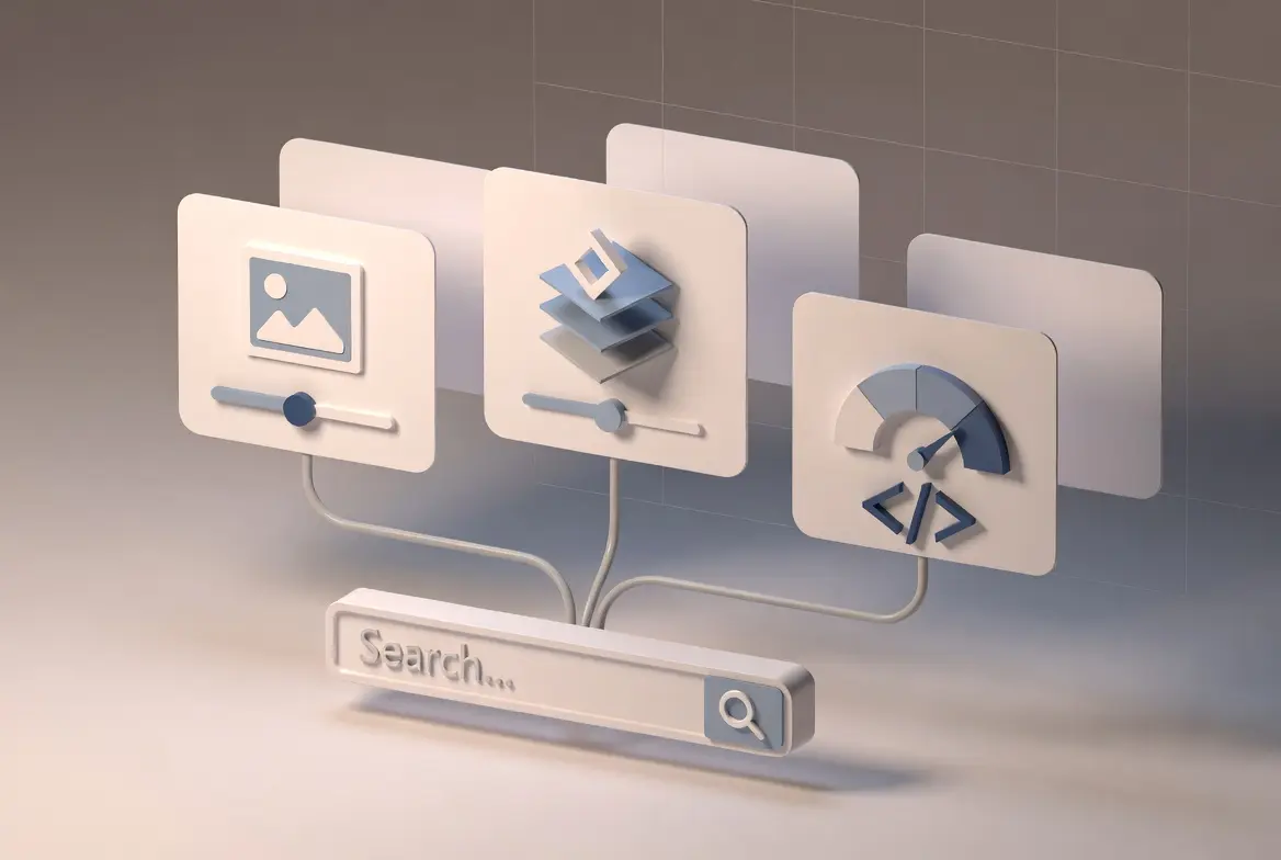 A 3D illustration of digital search interface components for semantic keyword research