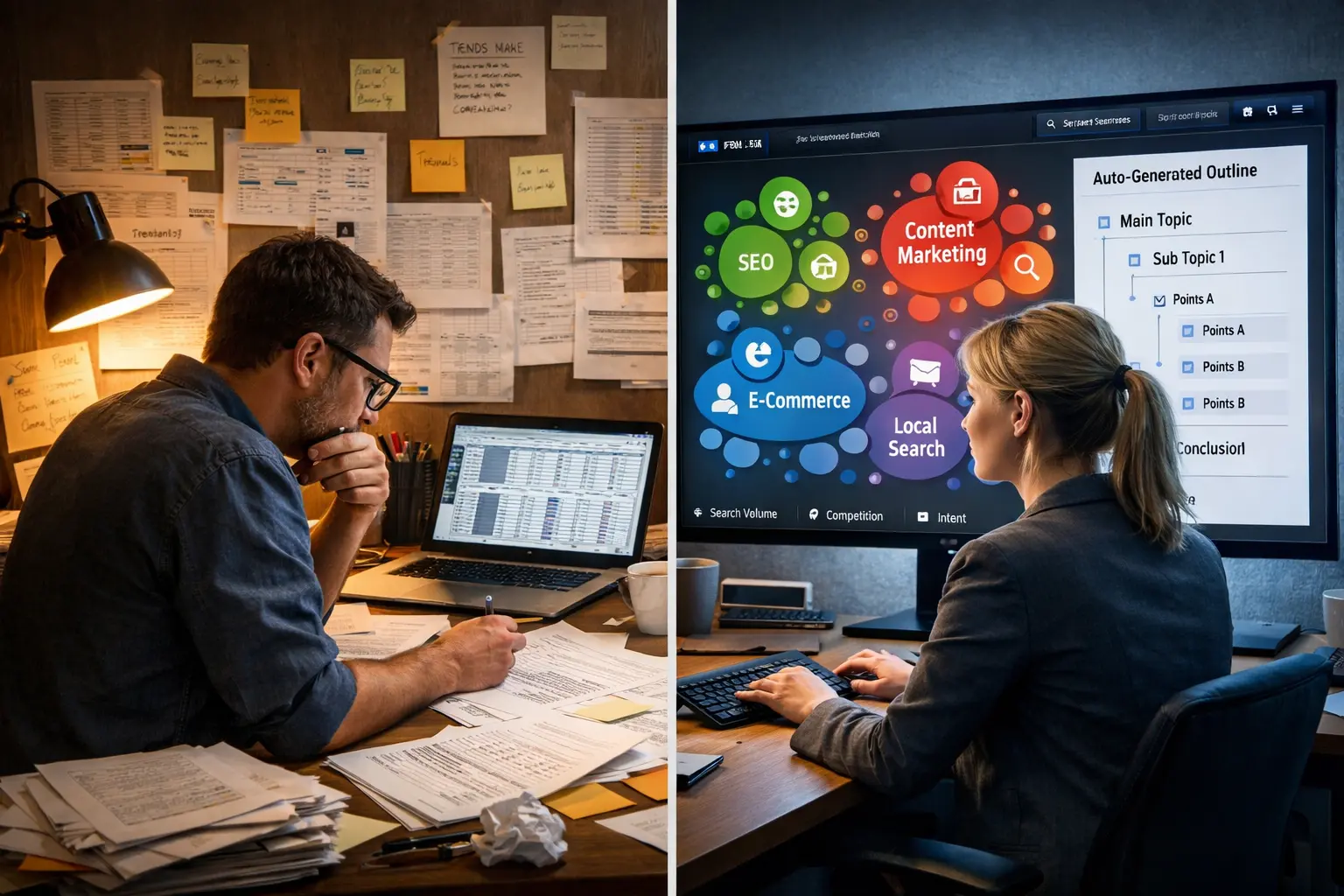 Two professionals working on semantic keyword research and analysis in an office setting.