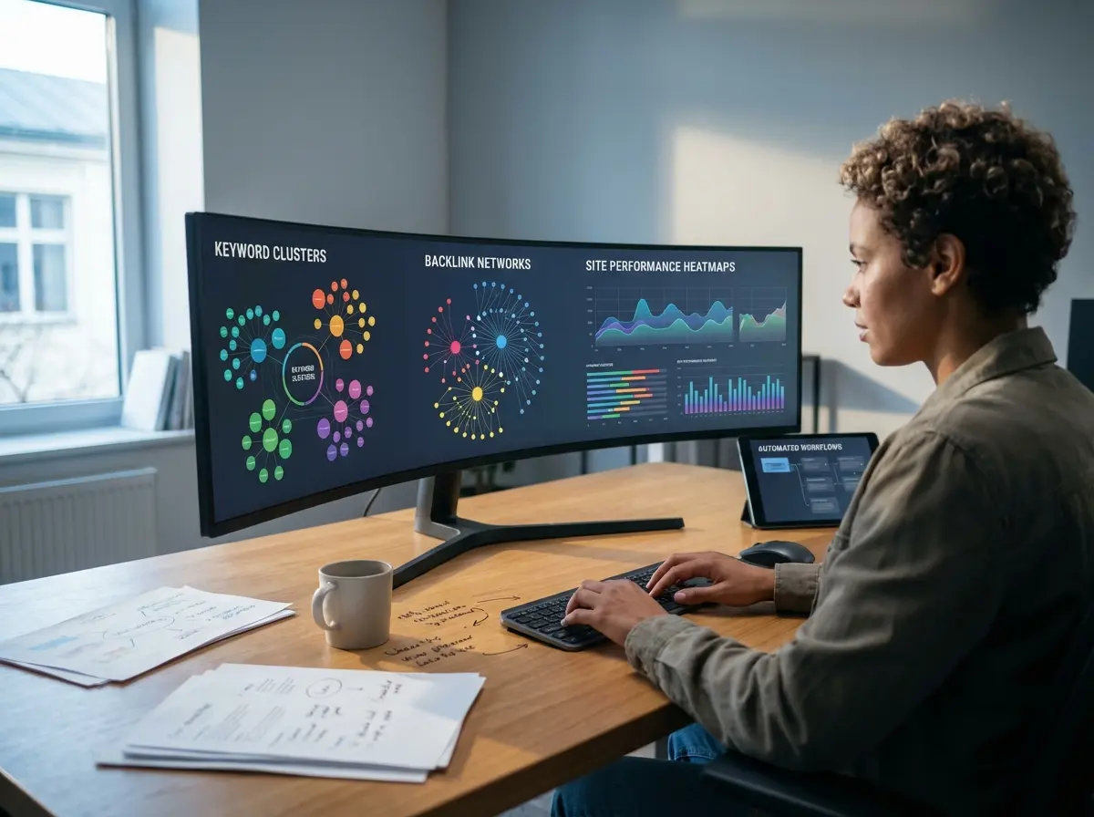 A person analyzing data visualizations on AI SEO automation, showing keyword clusters and site performance.