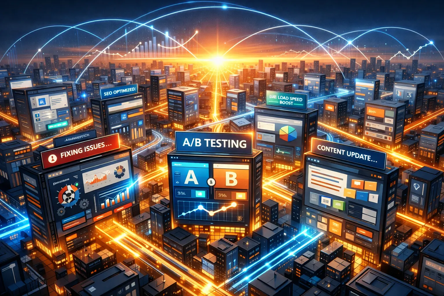 Illustration of AI-driven SEO automation in a digital skyline with optimization processes.