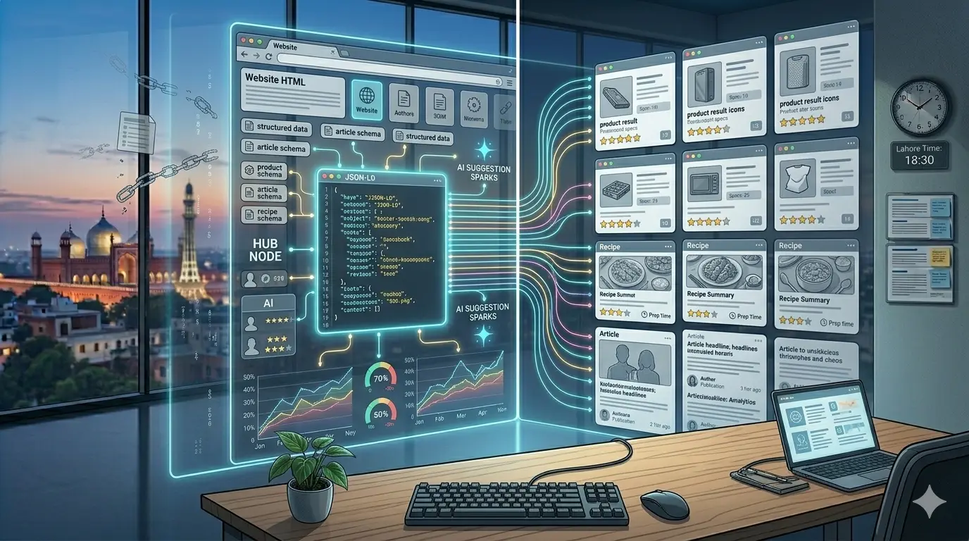 Digital interface showing AI schema generator dashboard with data flow and analytics.
