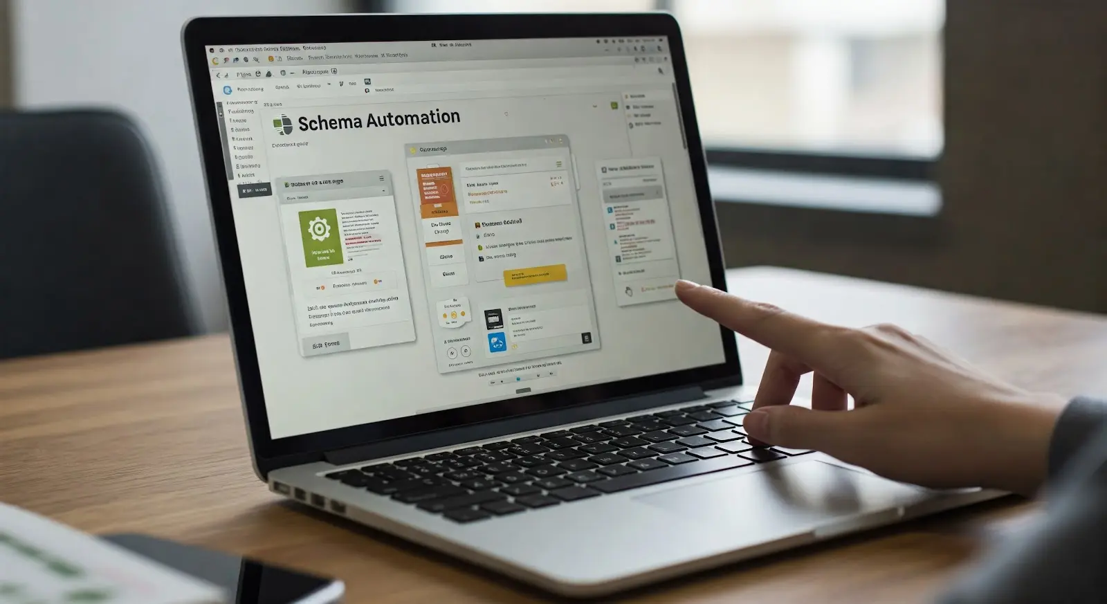 User interacting with an AI schema generator dashboard on a laptop screen.