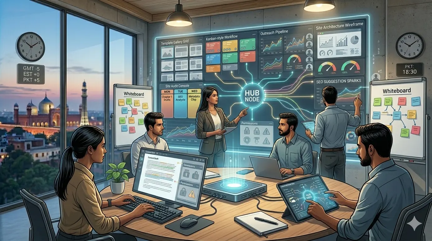 A team in a modern office discussing AI-driven SEO automation strategies using digital screens and whiteboards.