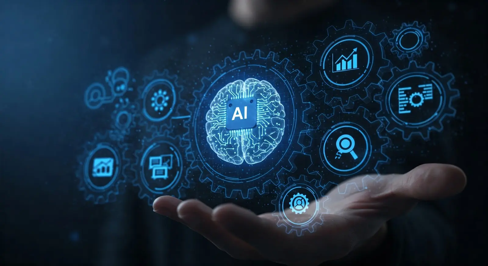 Illustration of AI technology icons representing SEO automation processes.