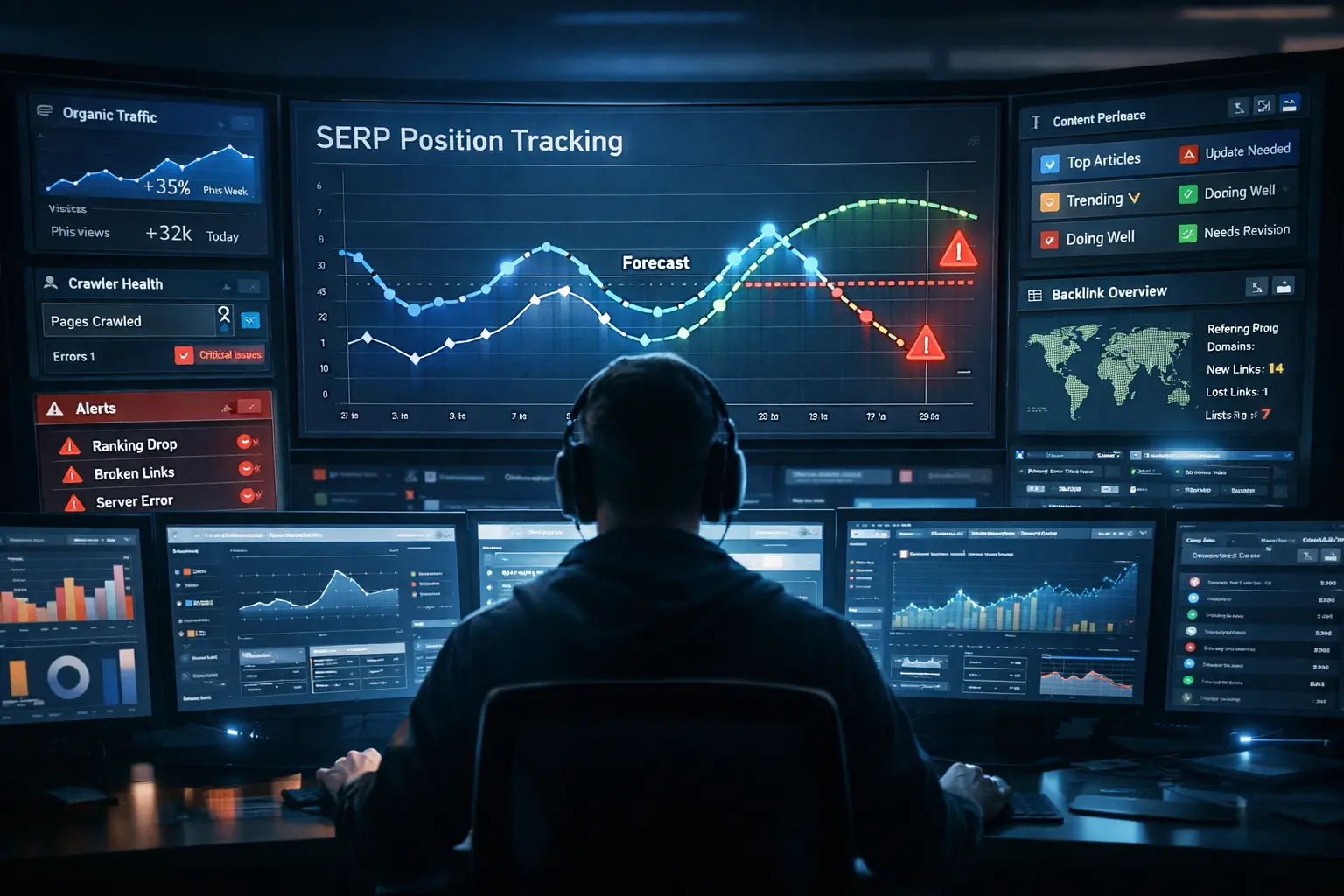A person analyzing SEO performance data on multiple screens with AI-driven automation tools.