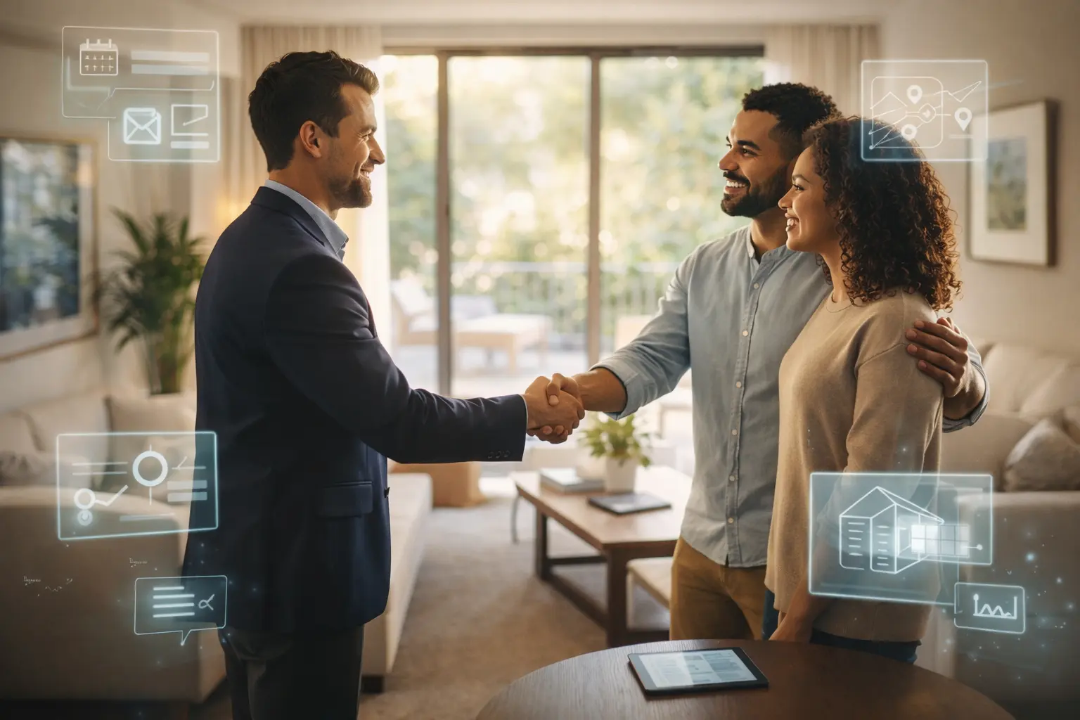 Real estate agent shaking hands with clients, illustrating business automation in real estate.