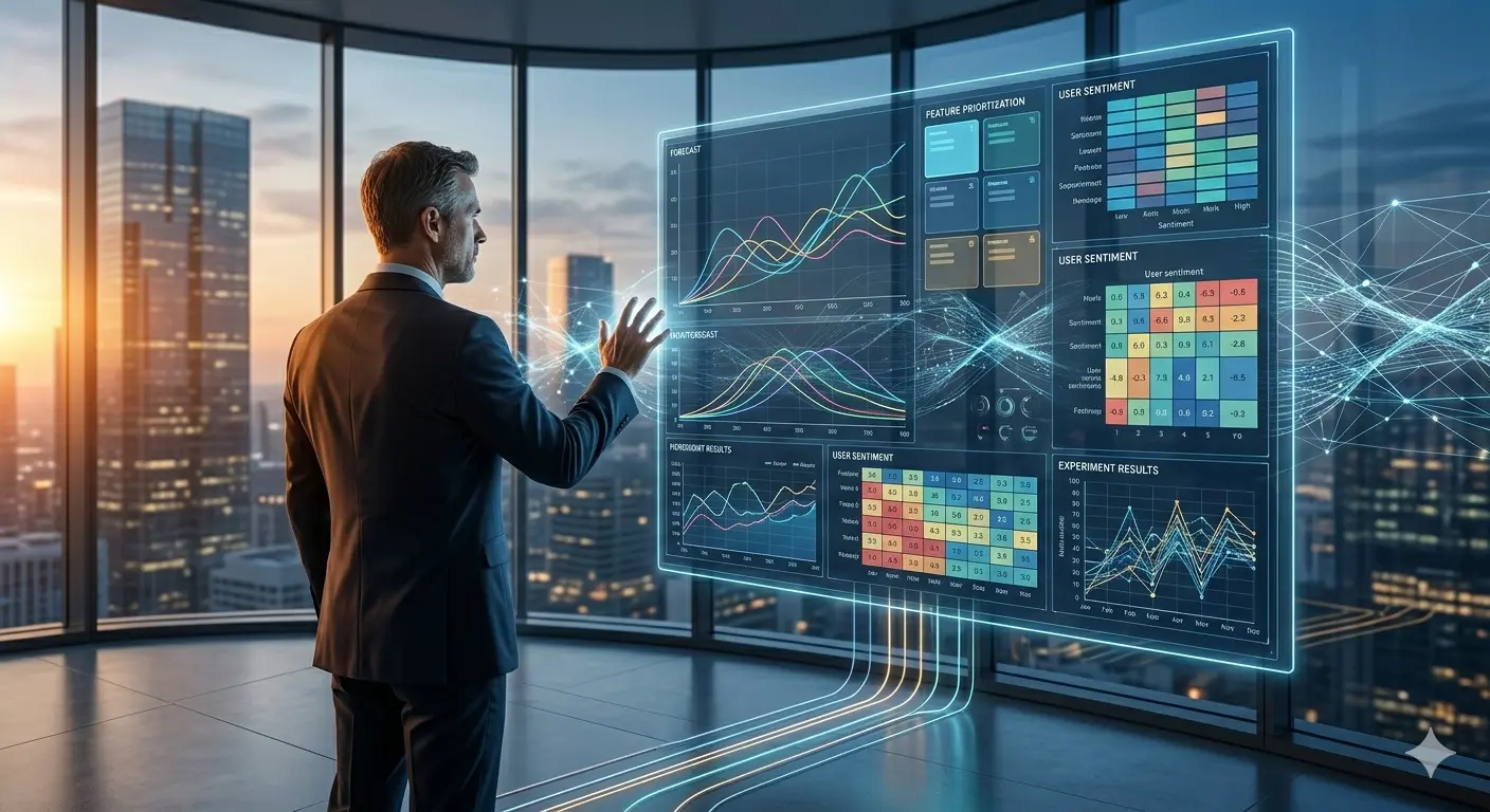 A professional analyzing AI-powered dashboards in a modern office setting.