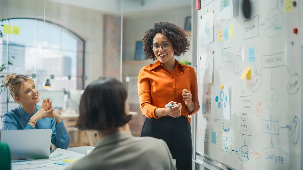 Product manager leading a team discussion on AI strategies at a whiteboard.