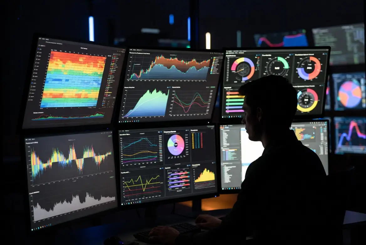 A professional analyzing various data visualizations on multiple monitors