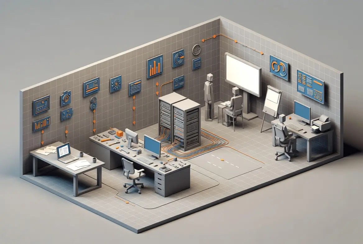 Control room setup illustrating AI for product managers, featuring computers and data displays.