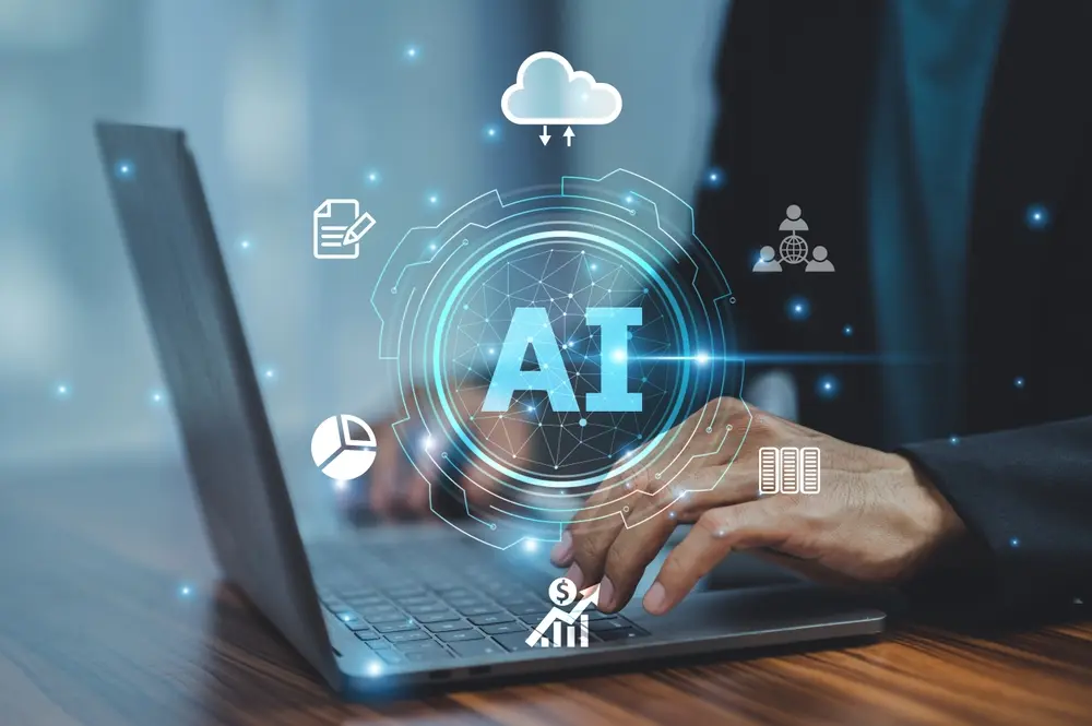 Hands typing on a laptop with AI digital interface and icons