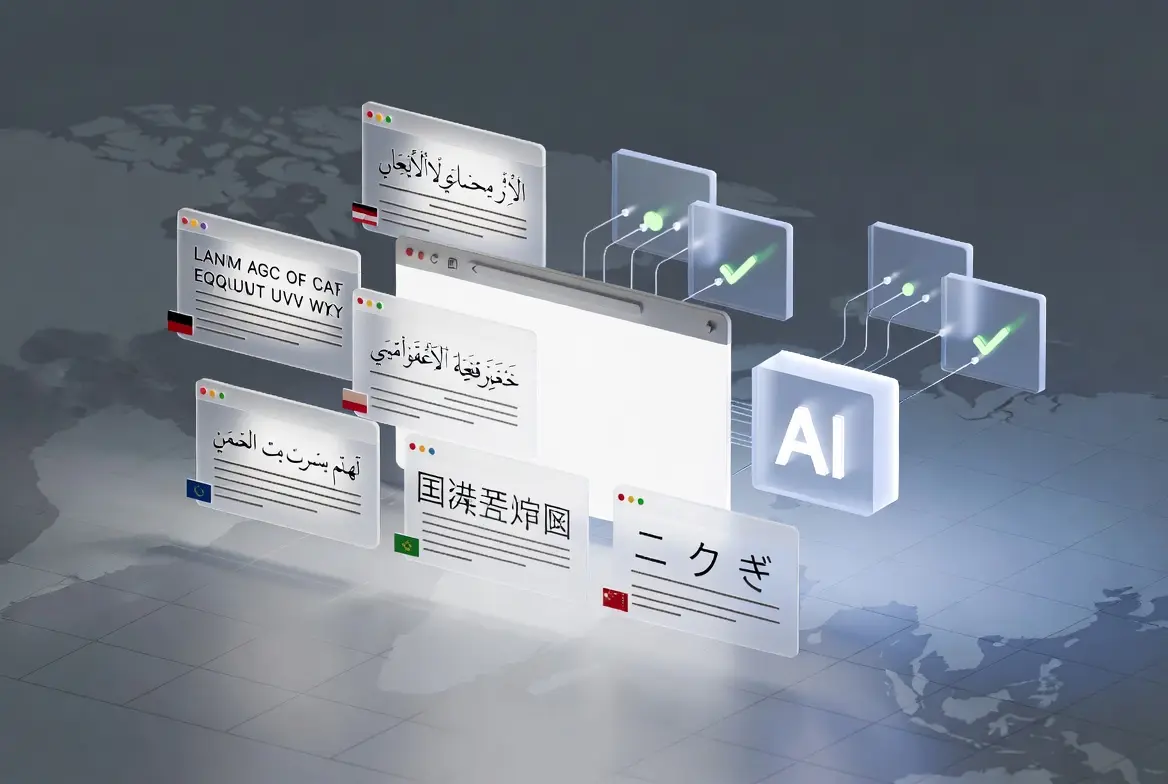 AI-driven platform organizing multilingual content with hreflang tags on a global map interface.