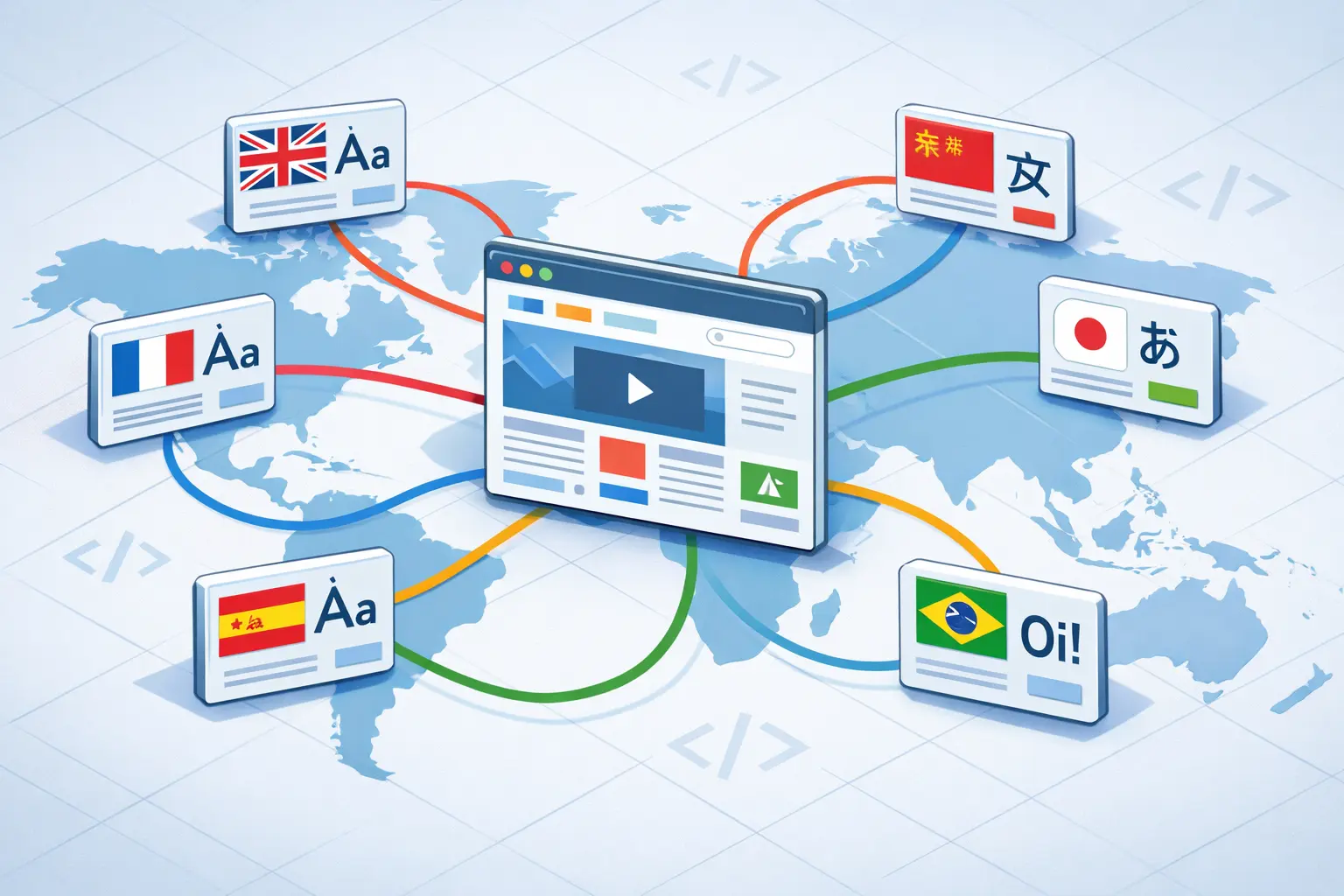 Illustration of a multilingual webpage showing global language connections with AI for hreflang optimization.