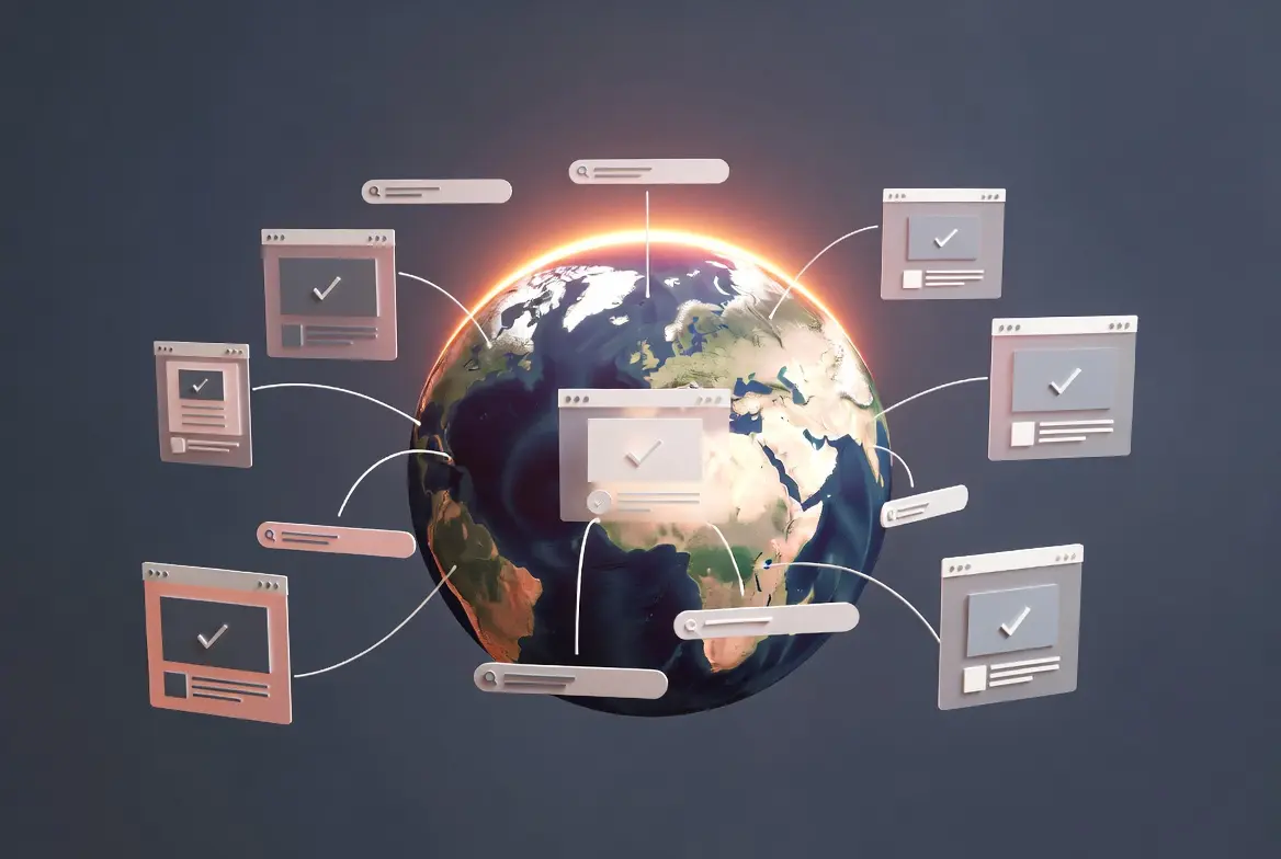 A digital global network visualization illustrating AI's role in hreflang management.