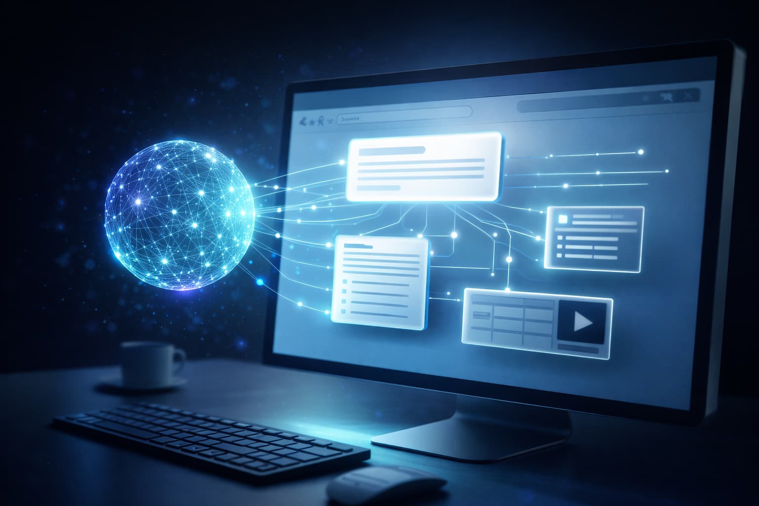 Computer screen with digital elements illustrating AI optimization for featured snippets.