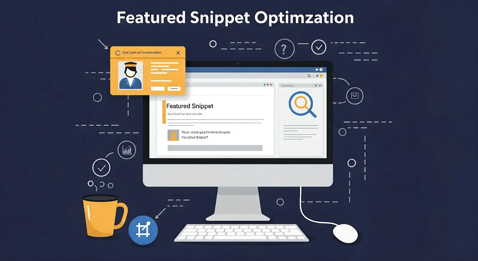 Computer screen displaying AI optimization for featured snippets with icons and graphics.