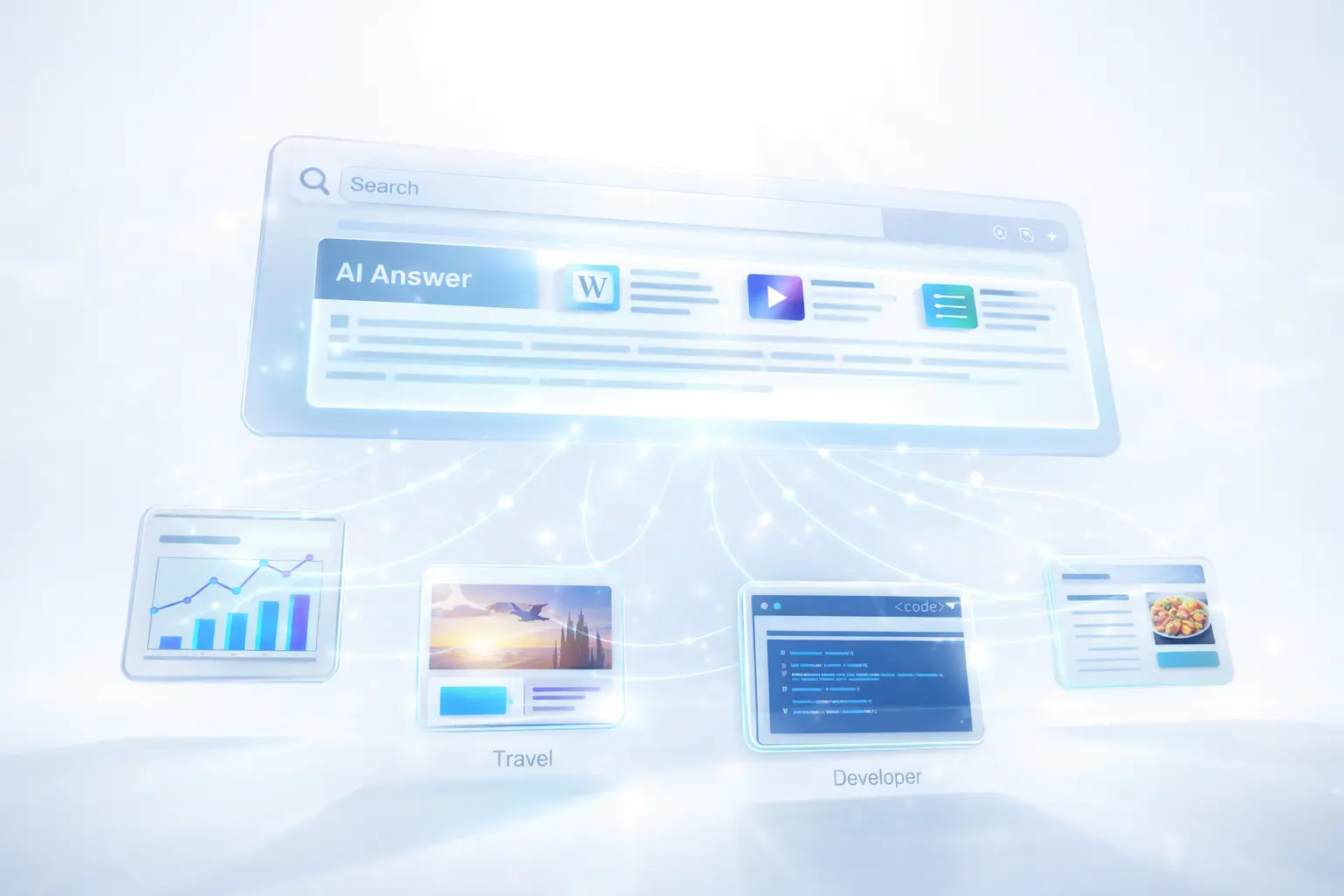 Illustration showing AI-driven featured snippets with interconnected digital content examples.