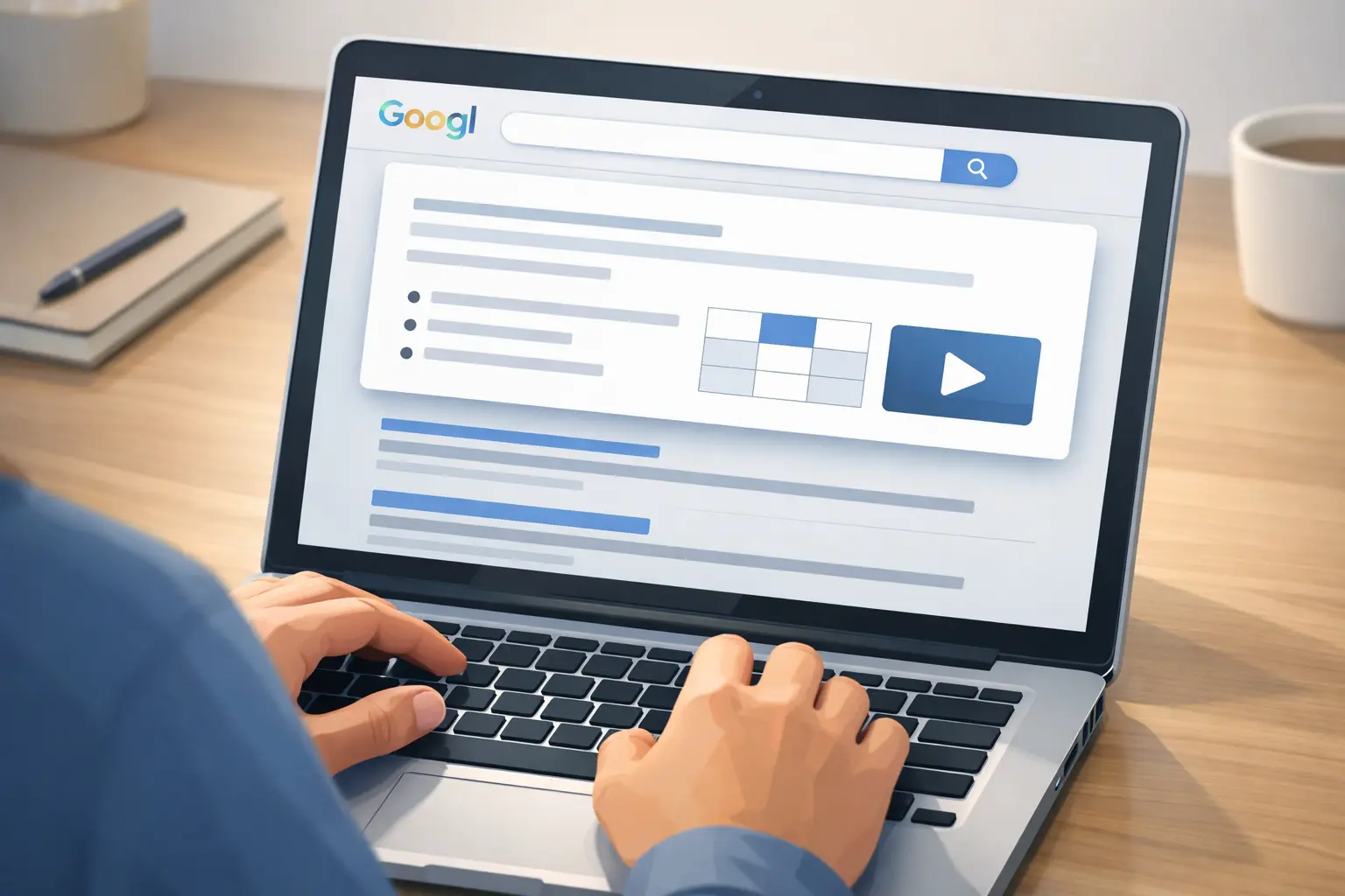 Laptop displaying Google search results with a featured snippet example.