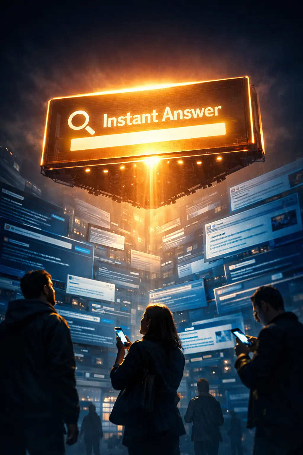 People using smartphones surrounded by glowing digital search results representing featured snippets.