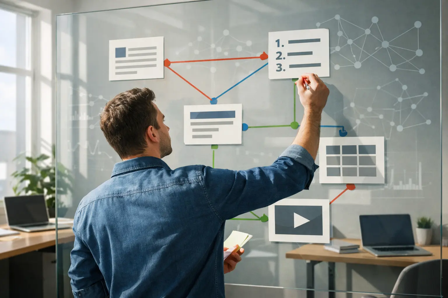 Person outlining a flowchart for optimizing content for featured snippets.