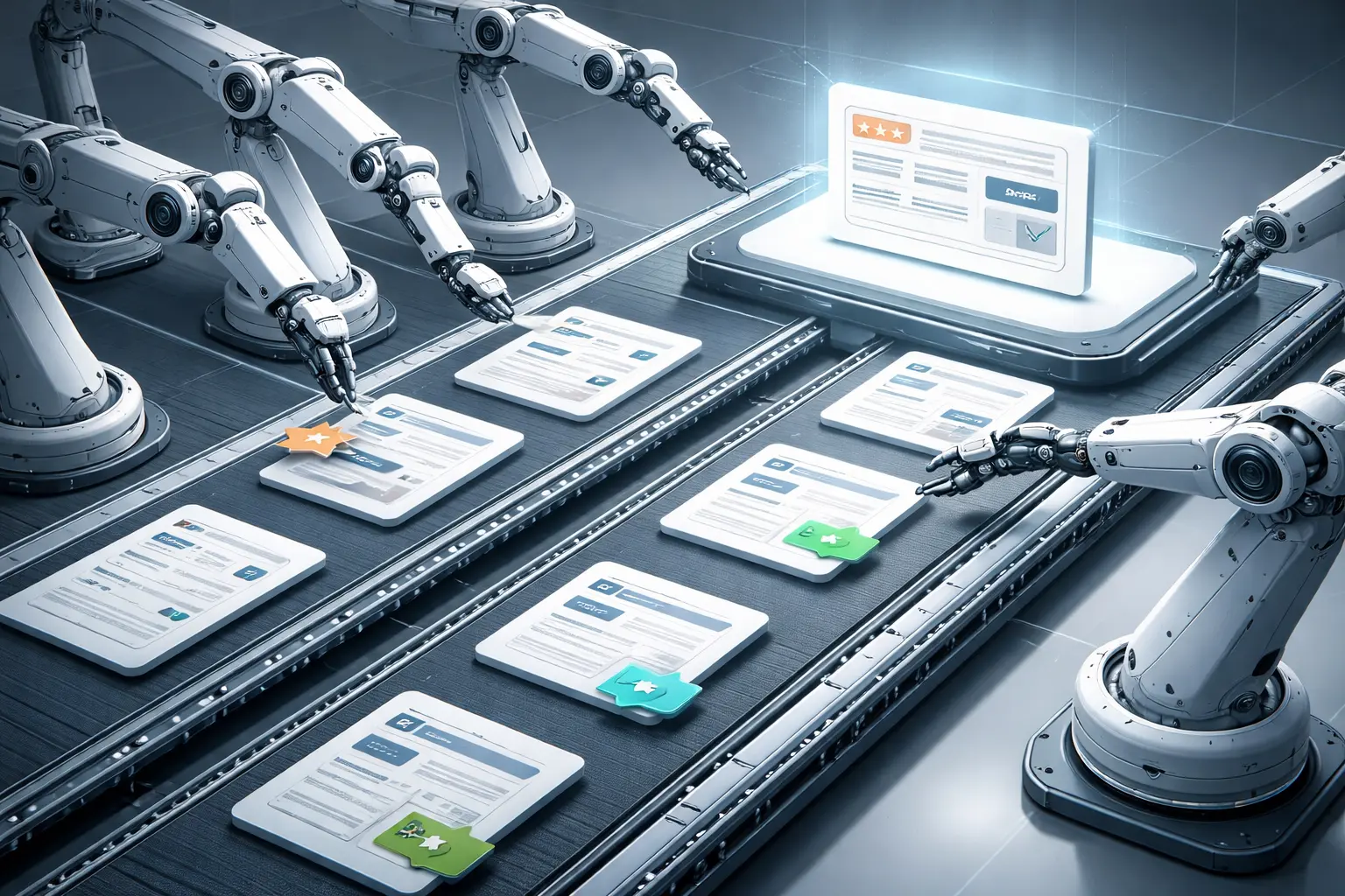 Automated robotic arms sorting digital documents for featured snippet optimization