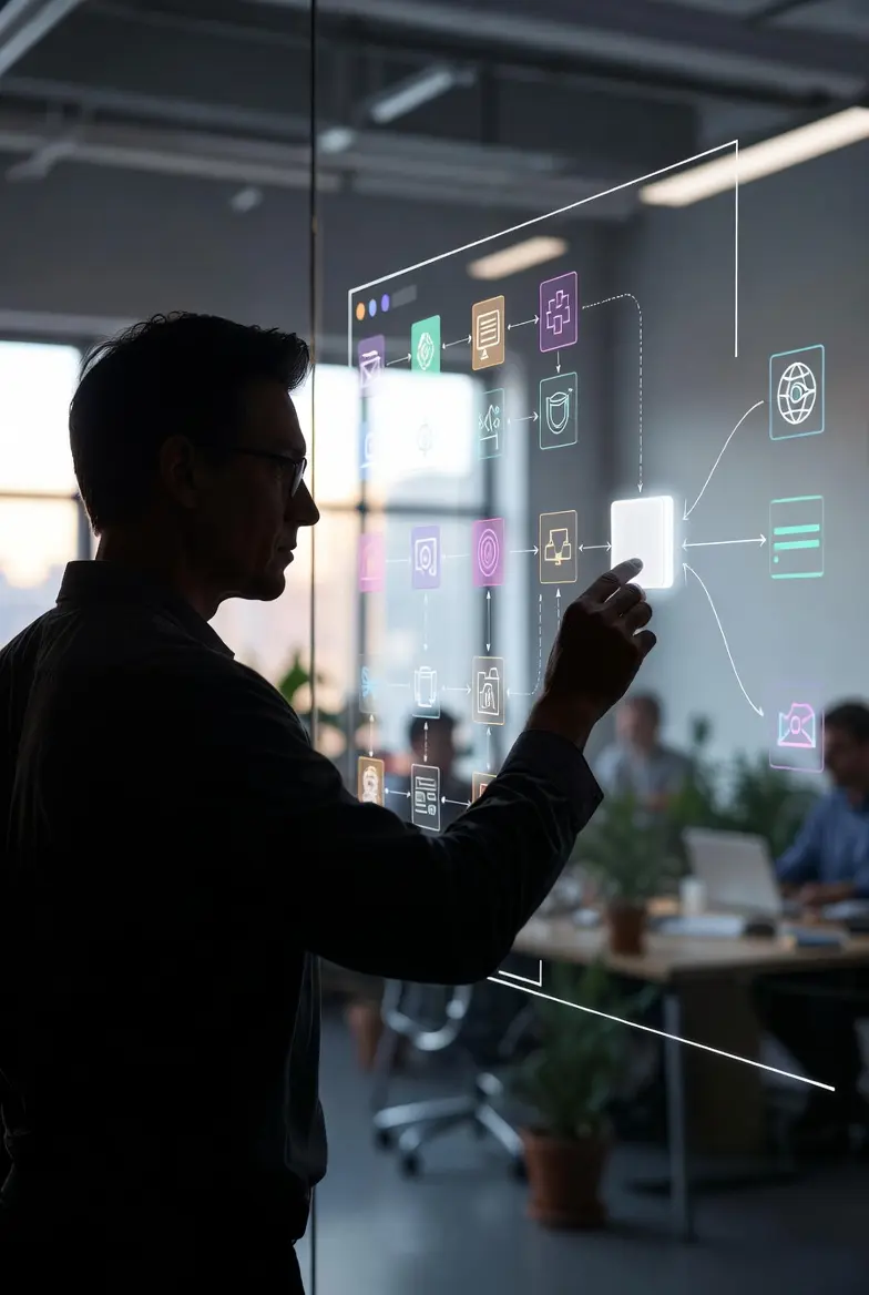 Marketing lead snapping AI modules onto a campaign flowchart on a glass wall in a contemporary office setting.