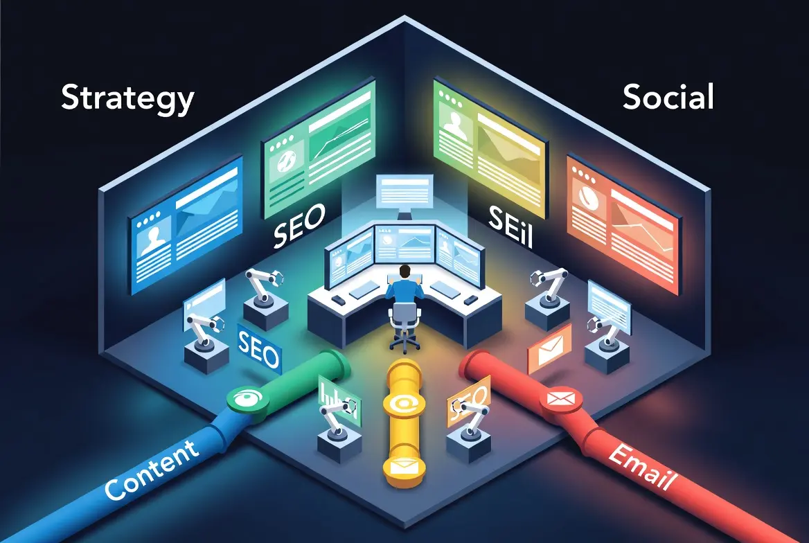 Isometric illustration of an AI-powered marketing operations center with pipelines for content, SEO, social, and email converging at a central human-led strategy hub.