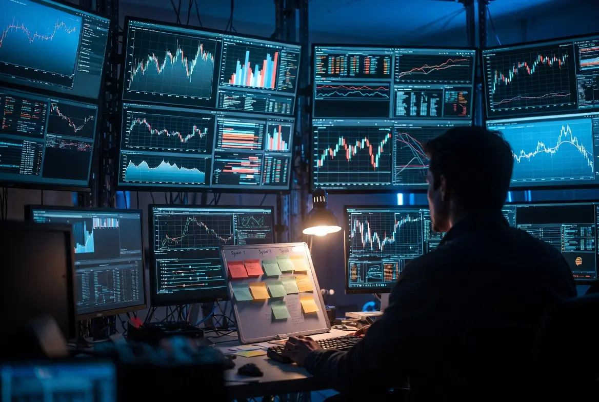 arketer in a dim high-tech campaign operations room adjusting a slider while viewing a large wall of live screens displaying shifting graphs and test results, cinematic photography with cool blue monitor glow and warm desk lamp.