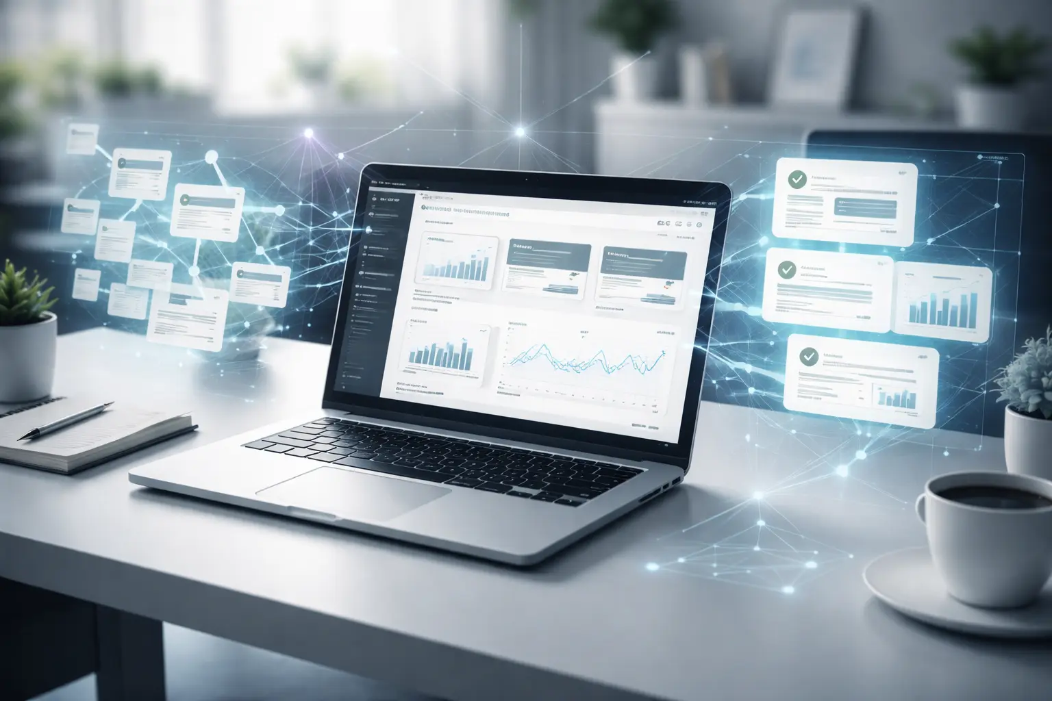 Laptop displaying a digital dashboard for SEO content audit analysis